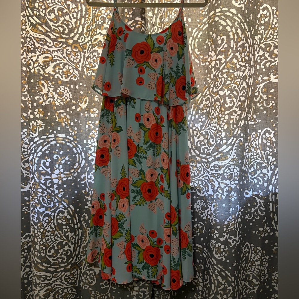 Anthropologie Paper Crown Floral Midi Dress in Light Blue wCoral, Pink Blooms